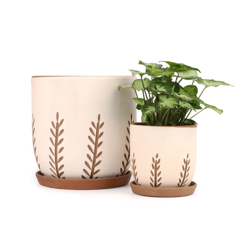 4 inch and 6 inch white clay pot with drainage hole for sale online, Carved design terracotta pot with a vertical leaf pattern, Succulent terracotta clay pot for sale