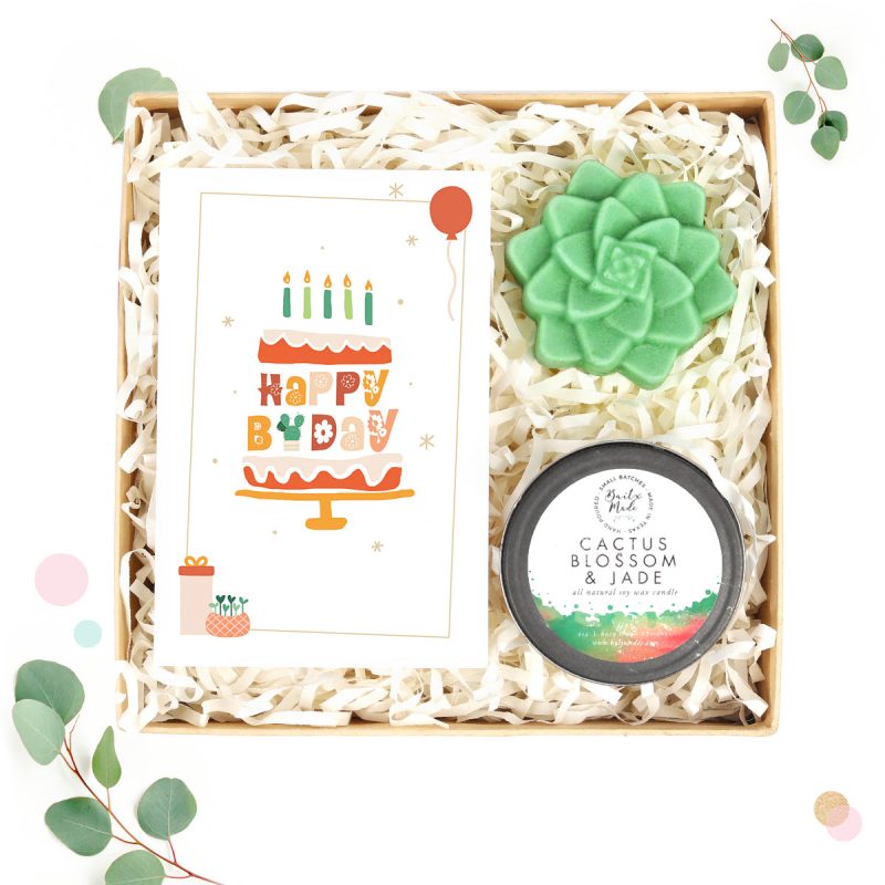 gift box with soap and candle, gift box with succulent theme, greeting card, natural soy candle, gift box for birthday, gift box for anniversary