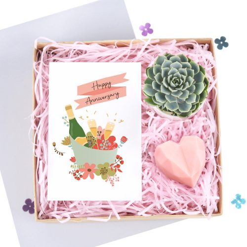 Happy anniversary gift box, Happy anniversary gift box for sale, buy Happy anniversary gift box online, succulent gift box, pink gift box, heart-shaped soap as gift